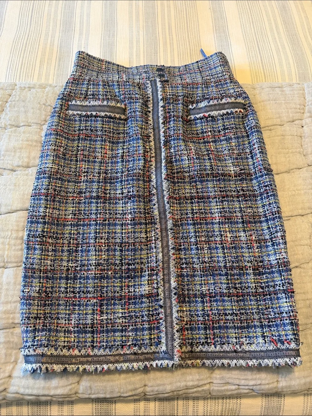 CHANEL Blue Multicolor Tweed Pencil Skirt with Fringed Trim